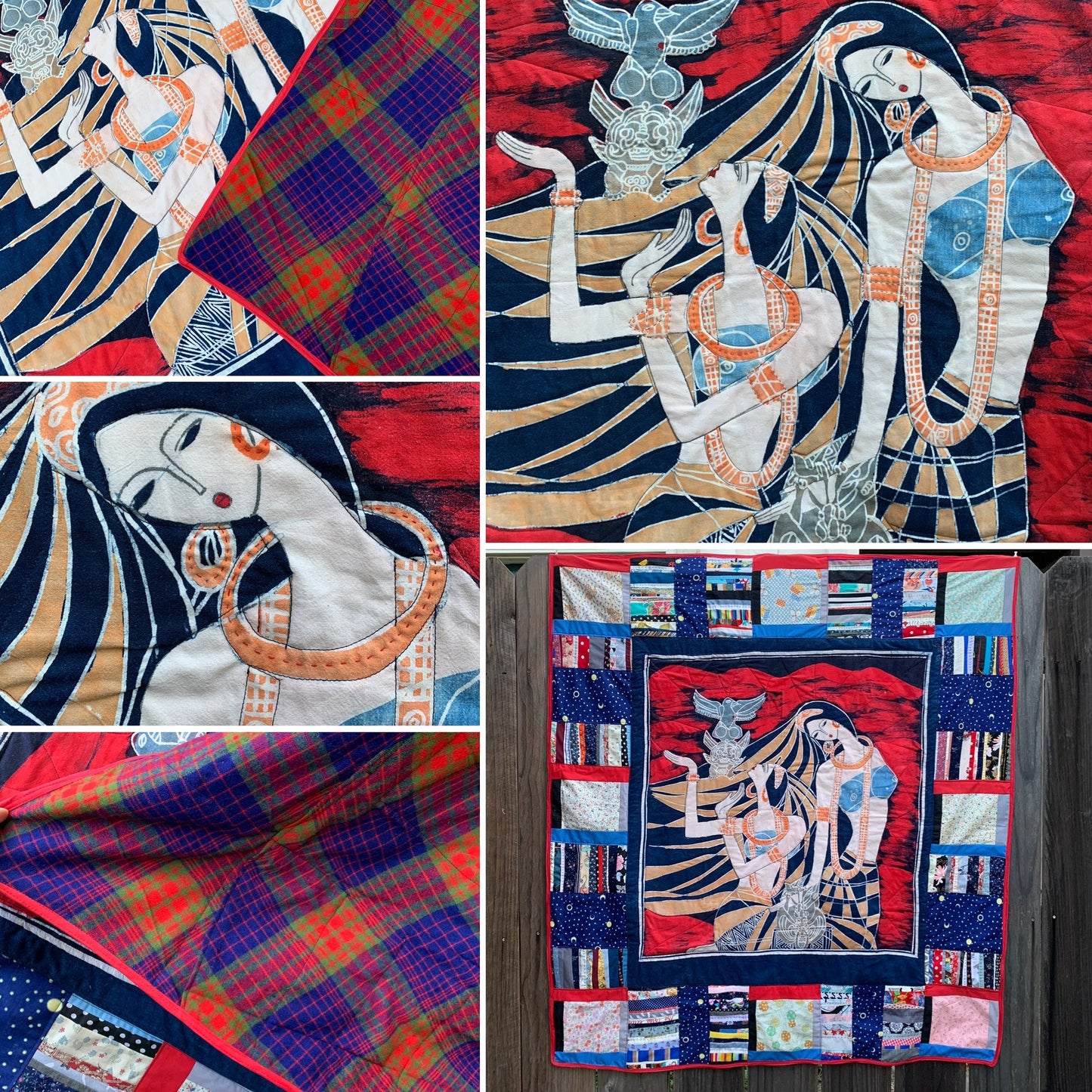 Collage of artistic fabric designs with intricate patterns and figures.