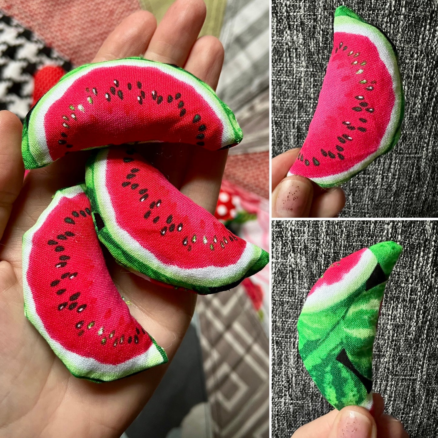 Fabric watermelon slices held in a hand with close-up shots on a textured surface.