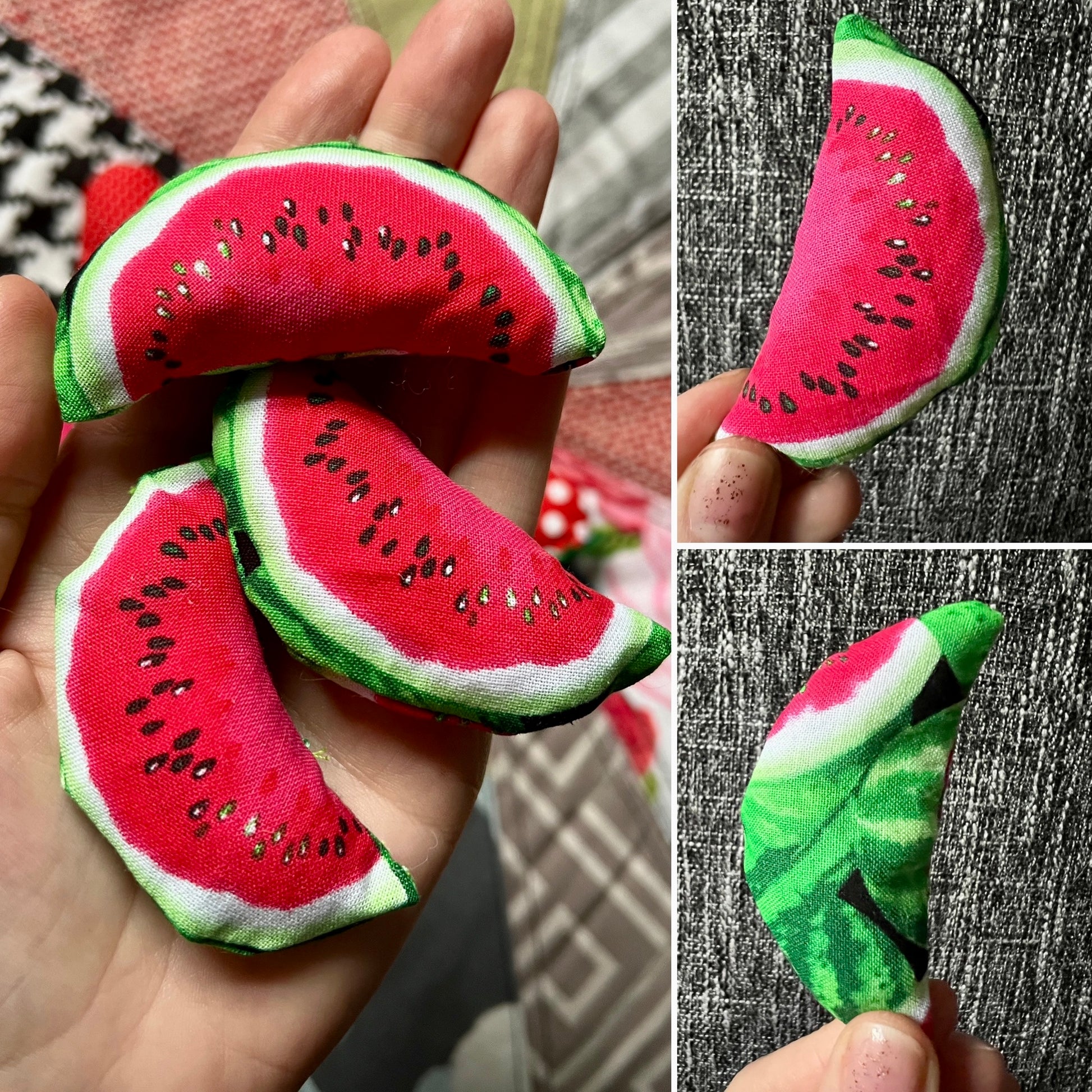 Fabric watermelon slices held in a hand with close-up shots on a textured surface.