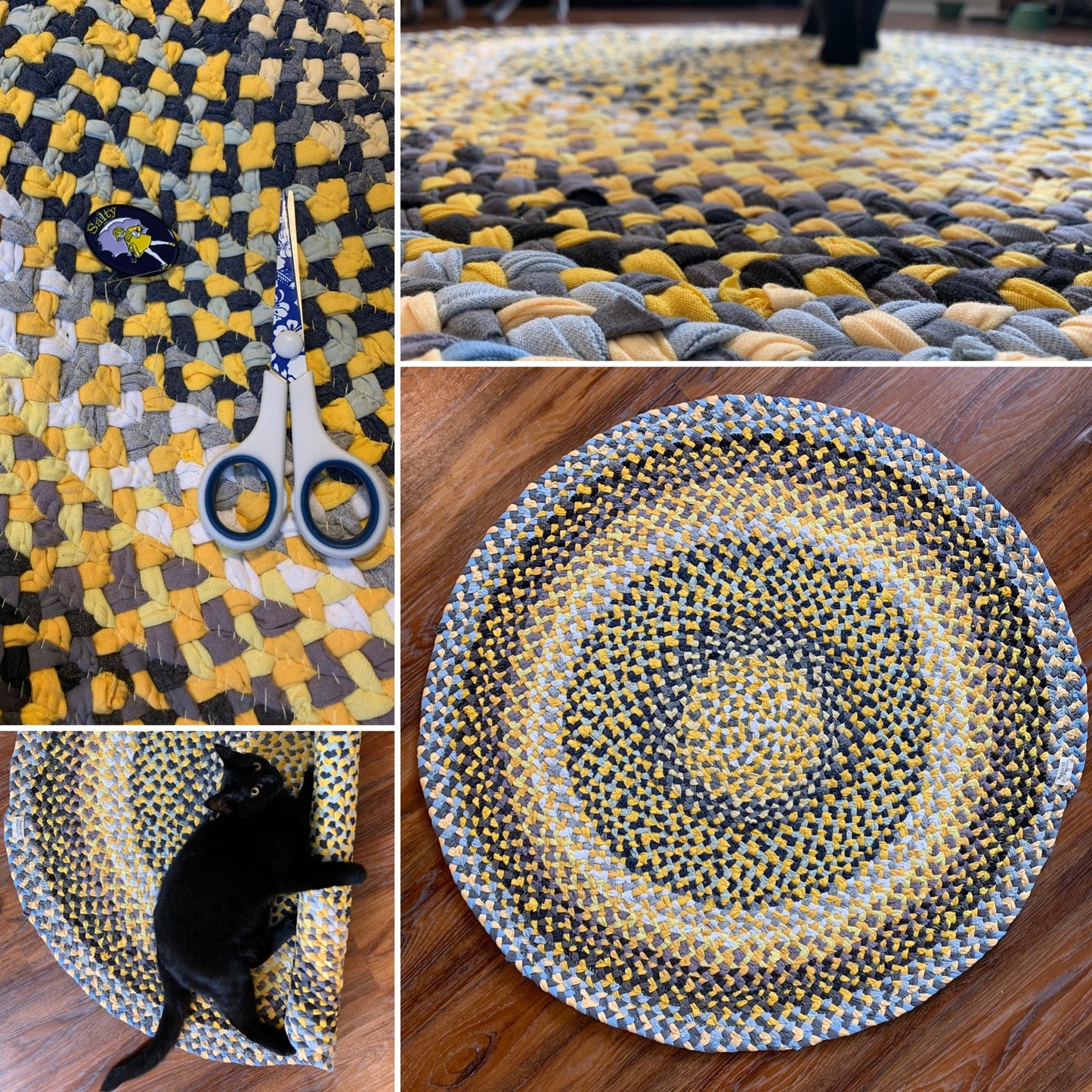 Yellow grey sunshine rug, photo grid showing front, back, work in progress, and cat for scale.