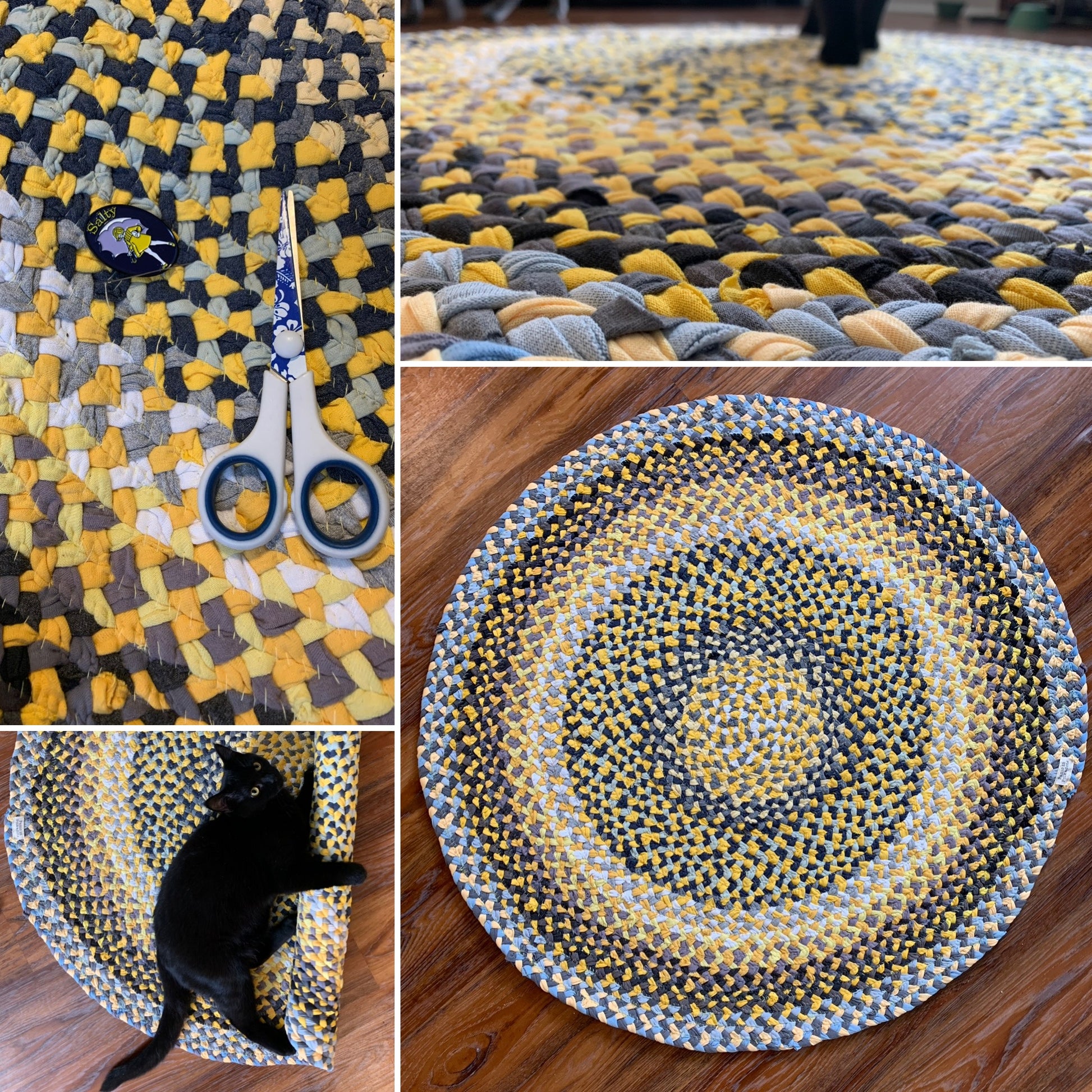 Yellow grey sunshine rug, photo grid showing front, back, work in progress, and cat for scale.