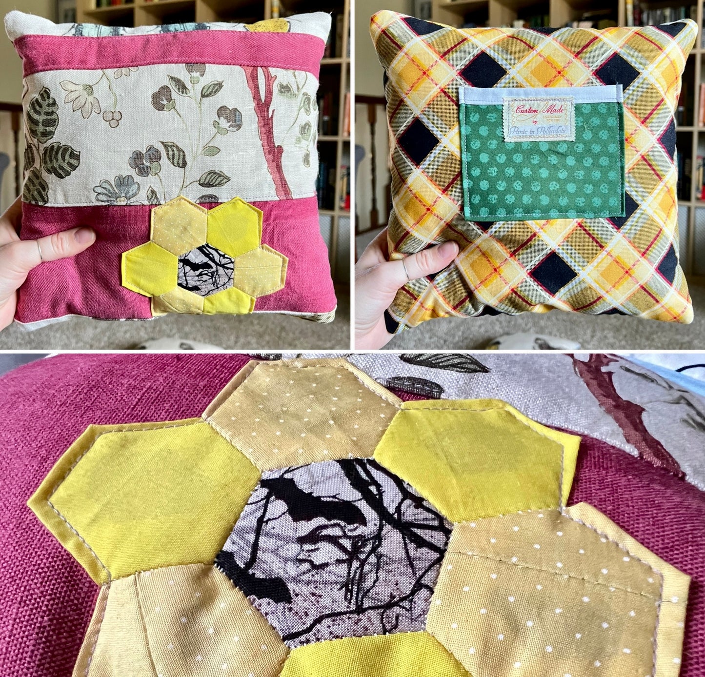Three-panel collage showing a handmade square pillow and a close-up of a patchwork flower applique. The top-left panel shows front of pillow held in hands, with pink fabric, floral print sections, and a yellow flower applique.