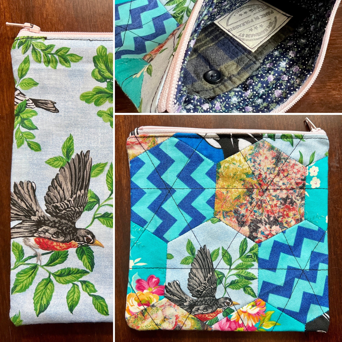 Collage of three views of a fabric pouch with different patterns and designs.