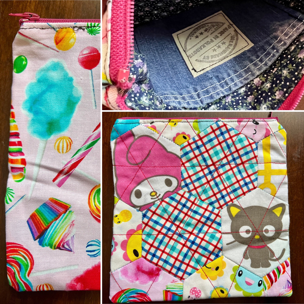 Collage of photos of a colorful fabric pouchwith different patterns and designs.