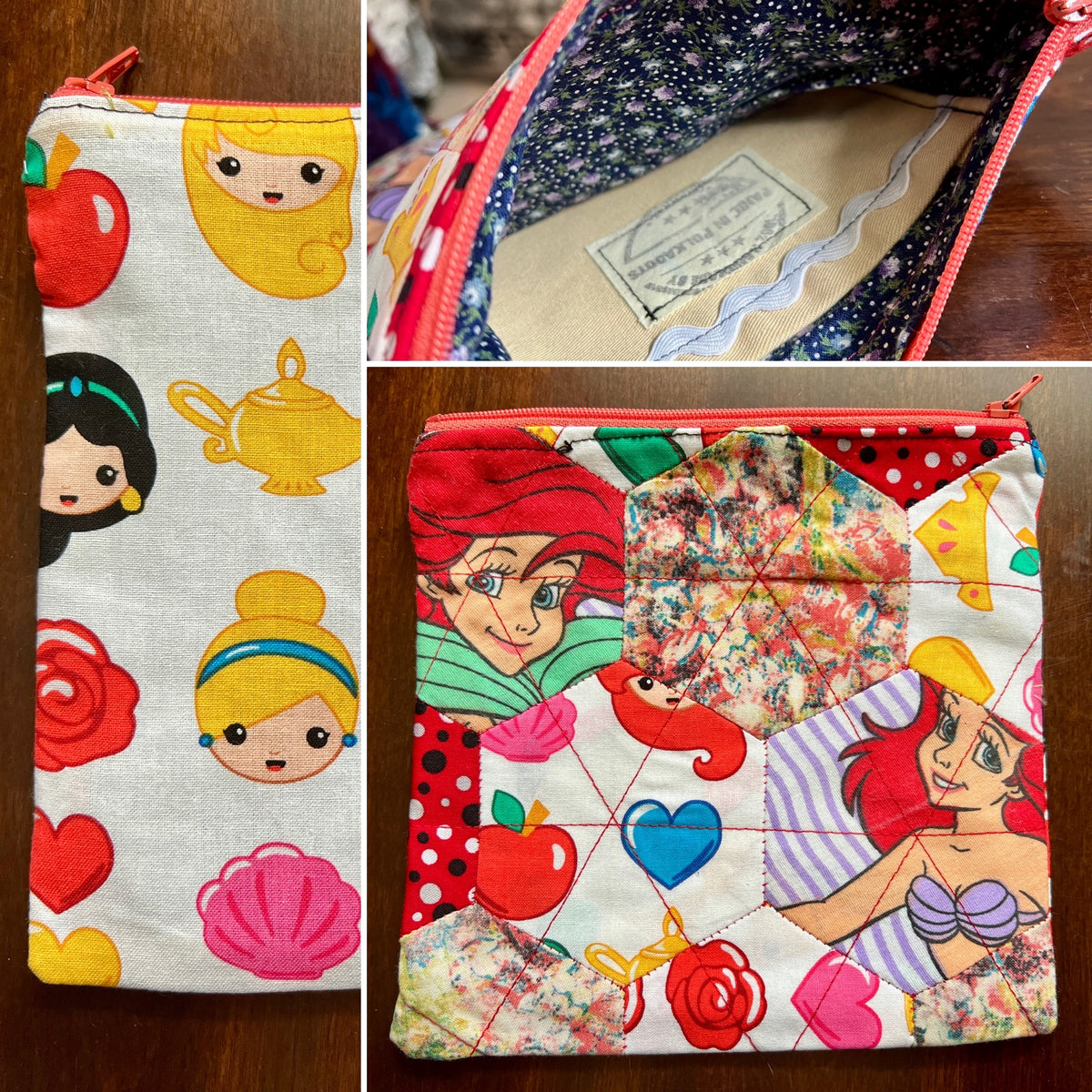 Collage of different views colorful fabric pouch with cartoon designs on a wooden surface.