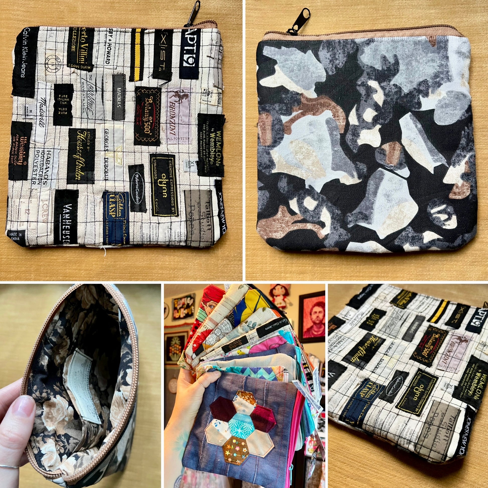 A collage showing multiple views of a fabric zip pouch: front and back patterns, interior lining, and a hand holding a stack of colorful pouches. The pouches feature mixed prints including patchwork clothing labels and abstract camouflage-like shapes in black, white, gray, beige, and some muted blue/brown tones.