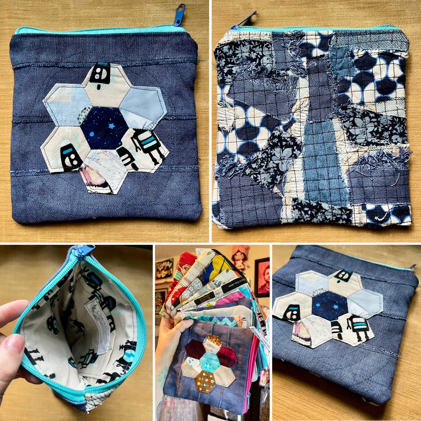 A collage showing a handmade patchwork zipper purse from multiple angles. The purse features a blue denim-like base with a central hexagonal patchwork design in light blue, navy, and white, and a turquoise zipper.