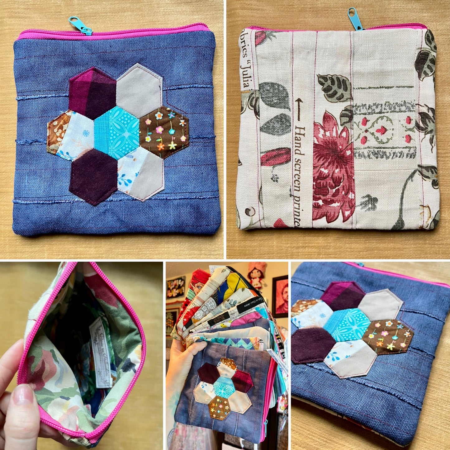 A collage showing a small zip pouch from multiple angles on a wood surface. The pouch has a blue denim-like front panel with a hexagonal patchwork applique in purple, light blue, white, and brown, plus a floral printed reverse side with pink and gray botanical motifs.