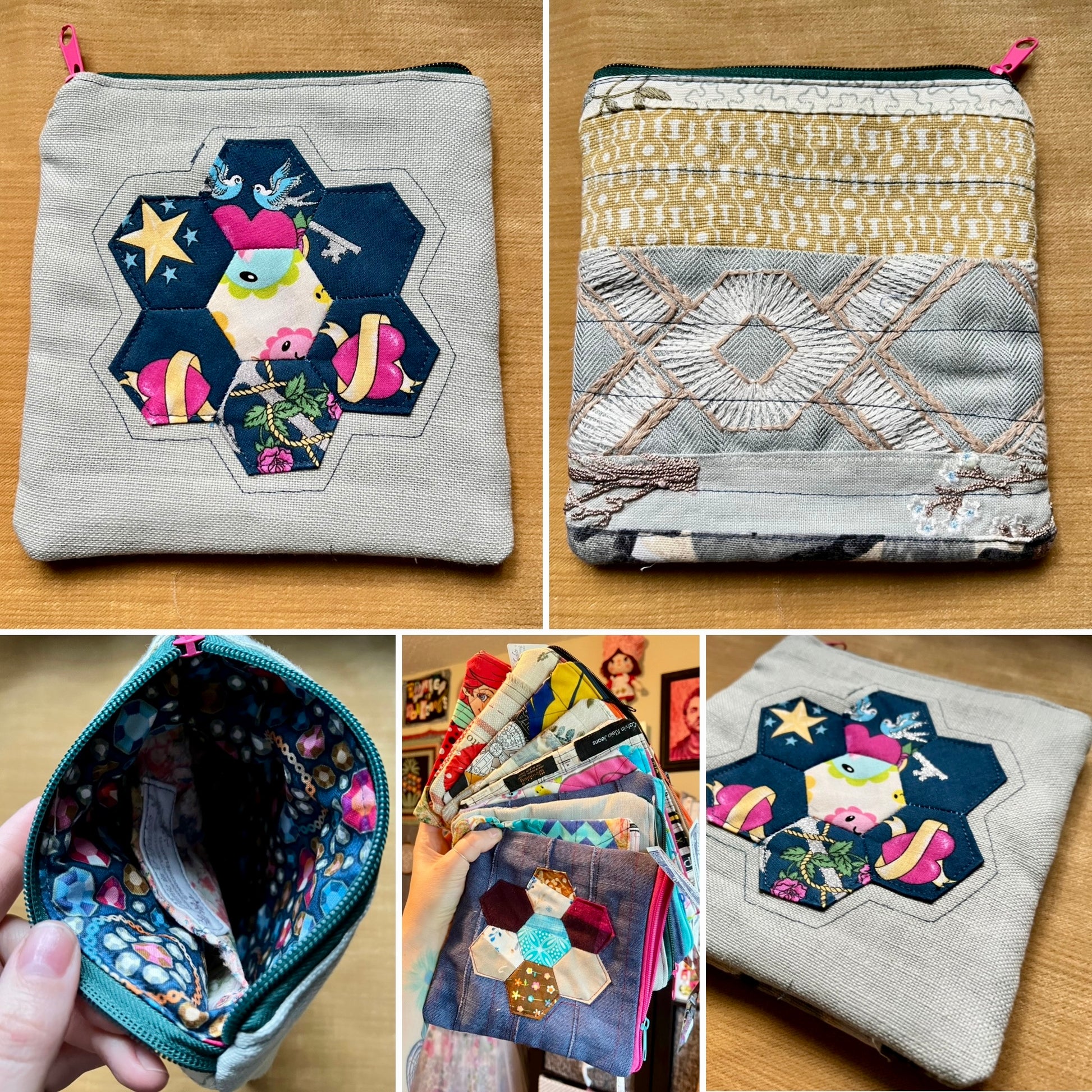 A collage showing a handmade fabric zip pouch from multiple angles on a wood surface. The pouch has a hexagonal patchwork design with a navy blue section, a beige patterned band, and a gray geometric embroidered section, plus a colorful owl applique.