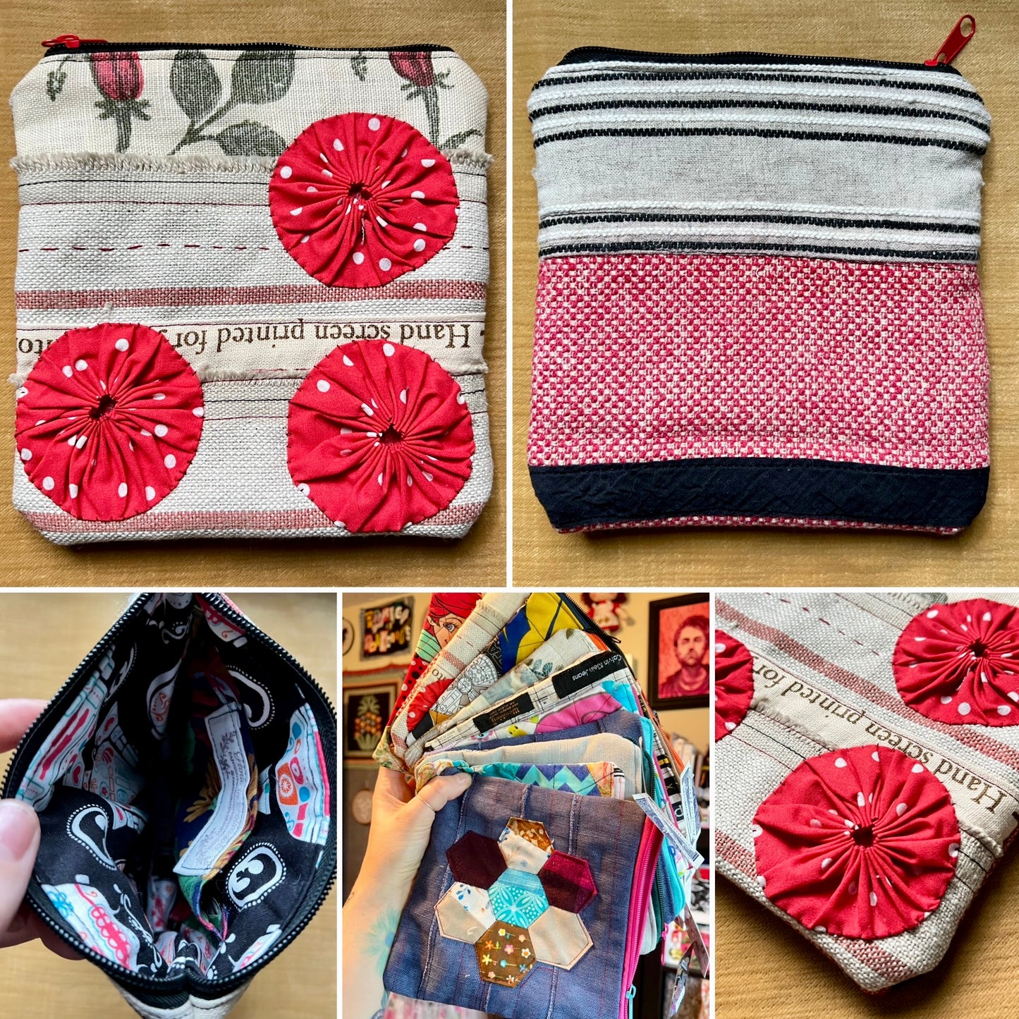 A collage showing a handmade fabric zip pouch from multiple angles: closed on a wood surface with red fabric rosettes and striped bands, open to show the black interior, held in a hand showing a matching set of pouches, and a close-up of the red rosette detail.