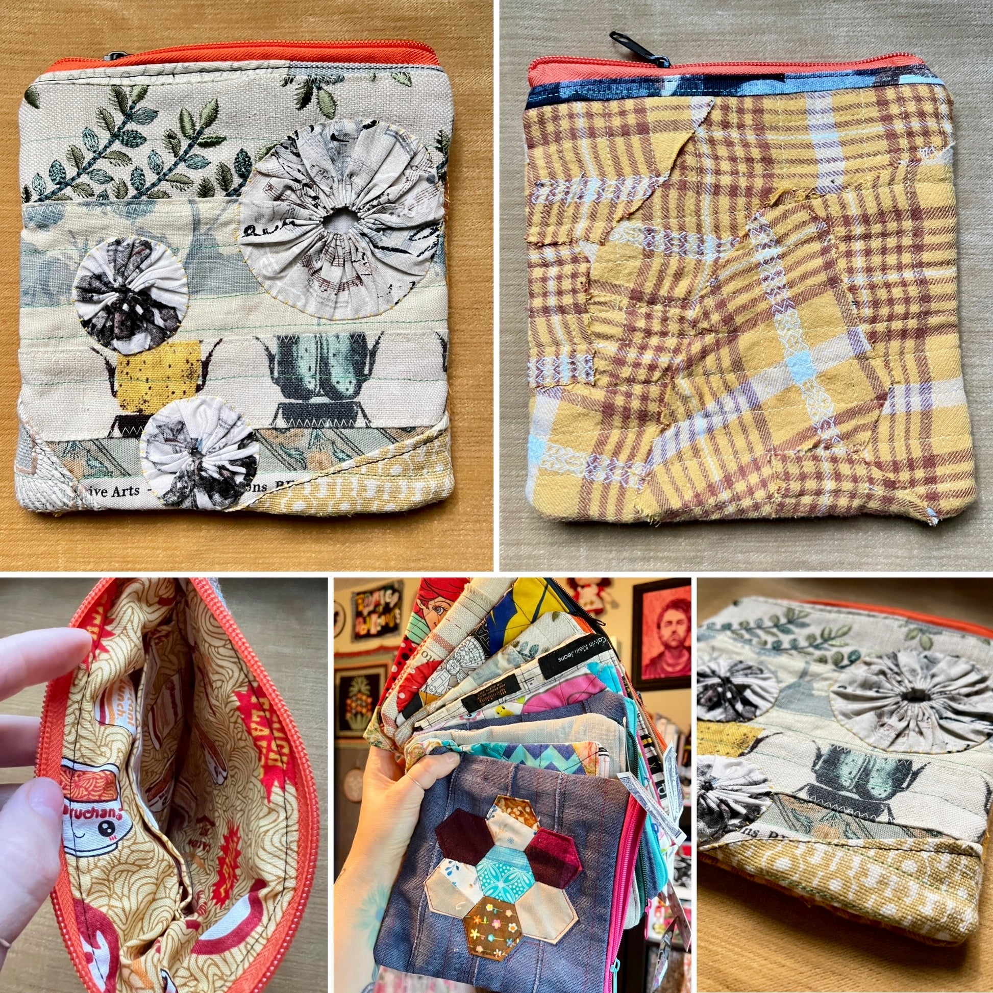 A collage showing multiple views of a small fabric zip pouch with patchwork-style printed and patterned panels, including floral motifs, plaid, and a visible interior lining. A hand is visible holding the pouches in some panels, and the pouches are photographed on wood surfaces.