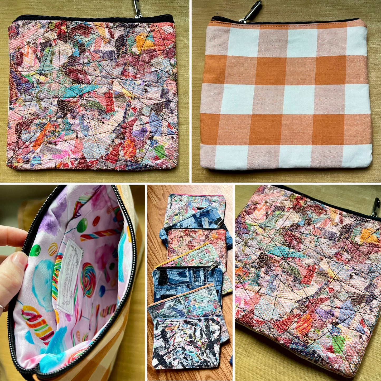 A collage showing multiple views of a small zip pouch: a multicolor abstract print exterior, a peach-and-white gingham exterior, the pastel interior lining, a stack of similar pouches, and another angle of the abstract print exterior. A hand is visible holding one pouch open.