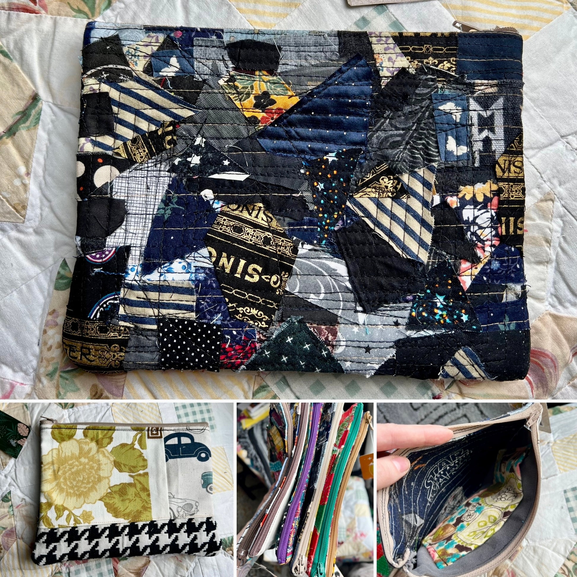 Collage of fabric zipper pouch with various patterns and designs.