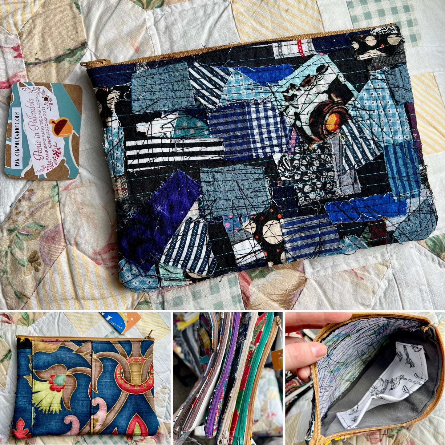 Collage of a patchwork zipper pouch with various patterns and colors on a textured fabric background.