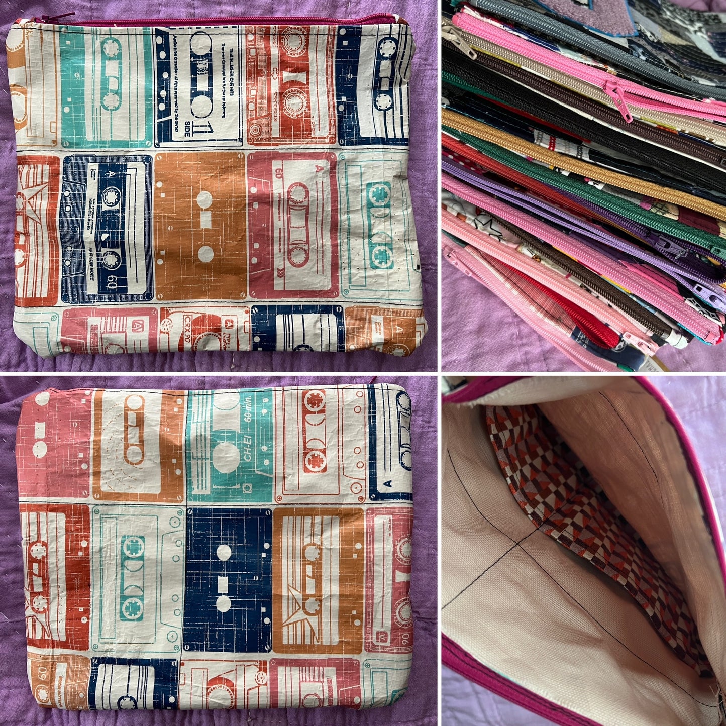Zipper pouch cassette tapes photo grid, showing front, back, inside, and zipper