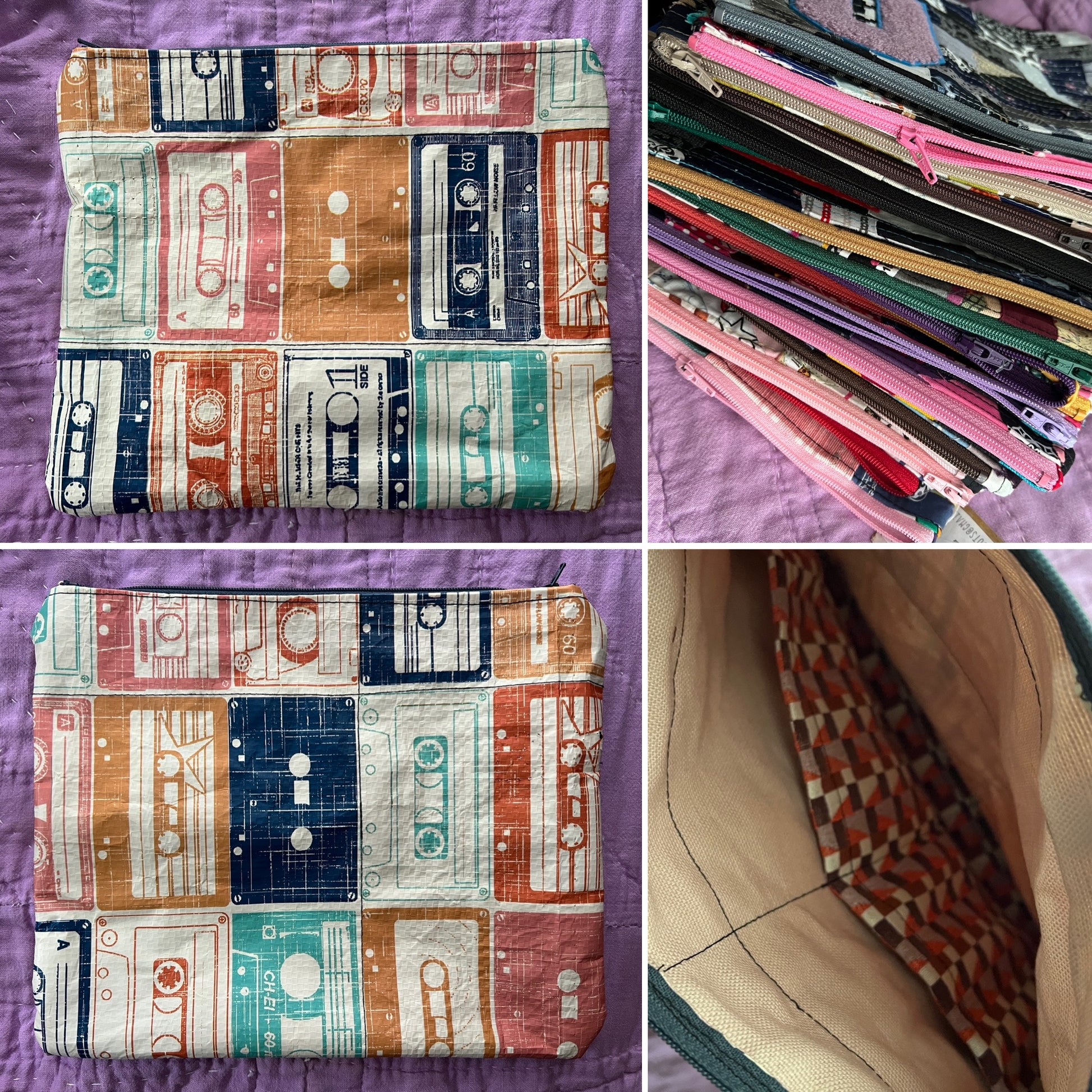 Zipper pouch cassette tapes photo grid, showing front, back, inside, and zipper