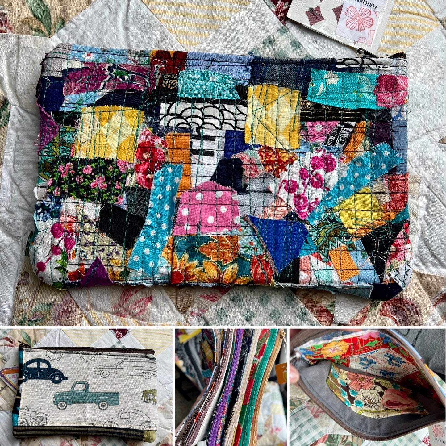 Colorful fabric pouch on a quilt background, photo grid showing inside, front, back, and view of various zippers.