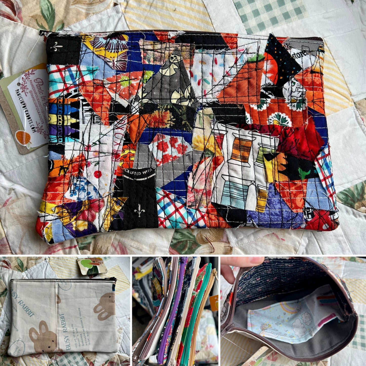 Colorful fabric pouch on a quilt background, photo grid showing inside, front, back, and view of various zippers.
