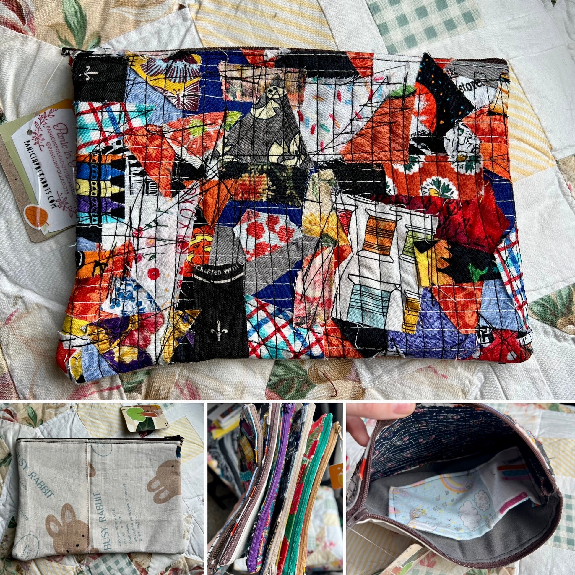 Colorful fabric pouch on a quilt background, photo grid showing inside, front, back, and view of various zippers.