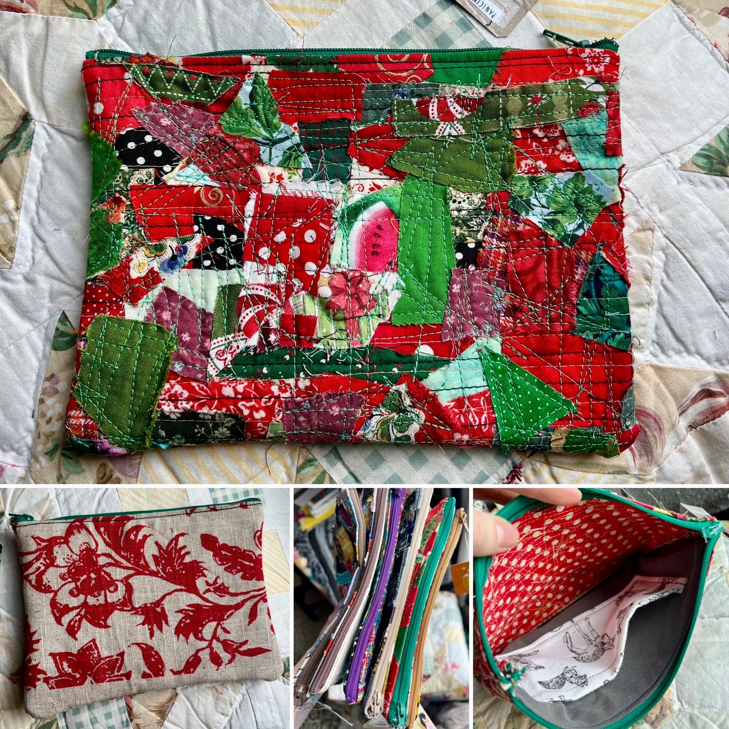 Collage of fabric pouches with various patterns and colors on a textured surface.