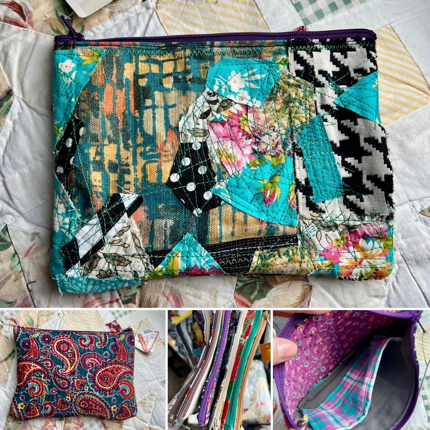Colorful fabric pouch on a quilt background, photo grid showing inside, front, back, and view of various zippers.
