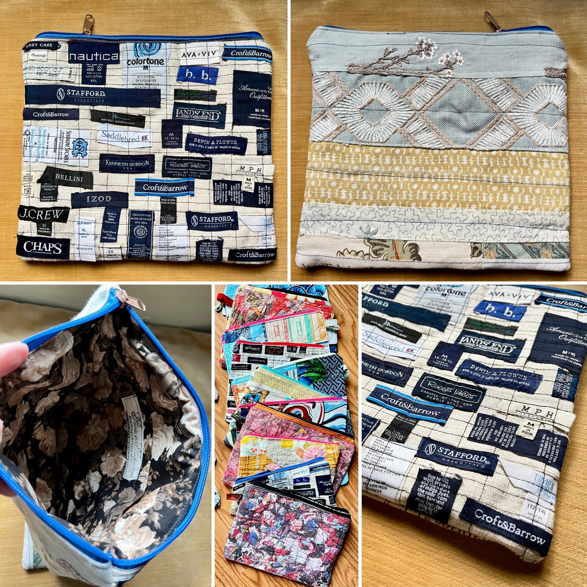 A collage showing a handmade zip pouch made from repurposed vintage clothing and necktie labels. The main panels show the exterior from different angles: a top-down view with a zipper closure, a side view showing the fabric fold, a view of the patterned interior lining, and a stack of similar pouches.