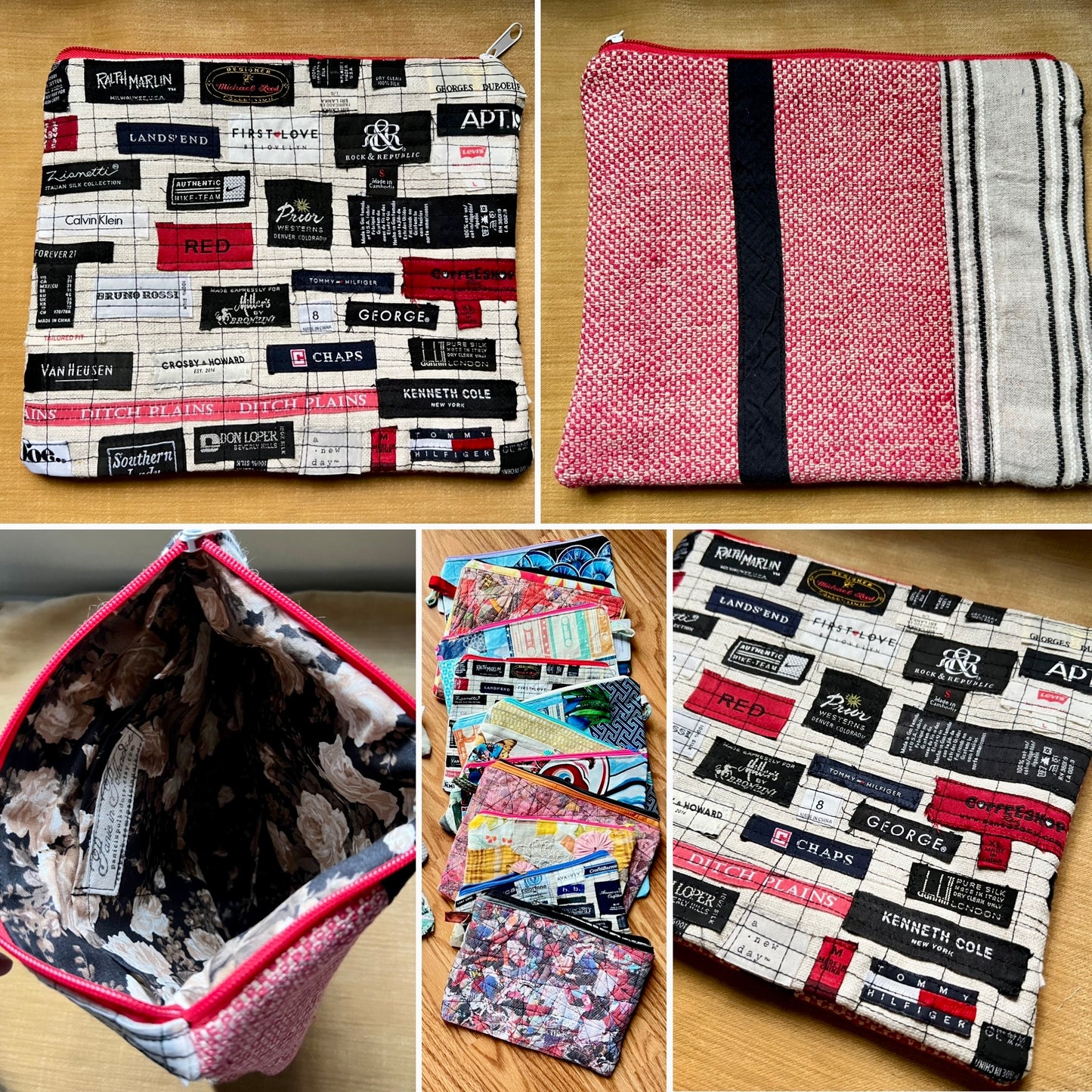 A collage showing a fabric zip pouch from multiple angles: closed on a wood surface, open to show the interior lining, a stack of similar pouches, and another closed view with a different print. The pouches feature mixed textile prints including patchwork labels, pink-and-white stripes, and colorful floral patterns.