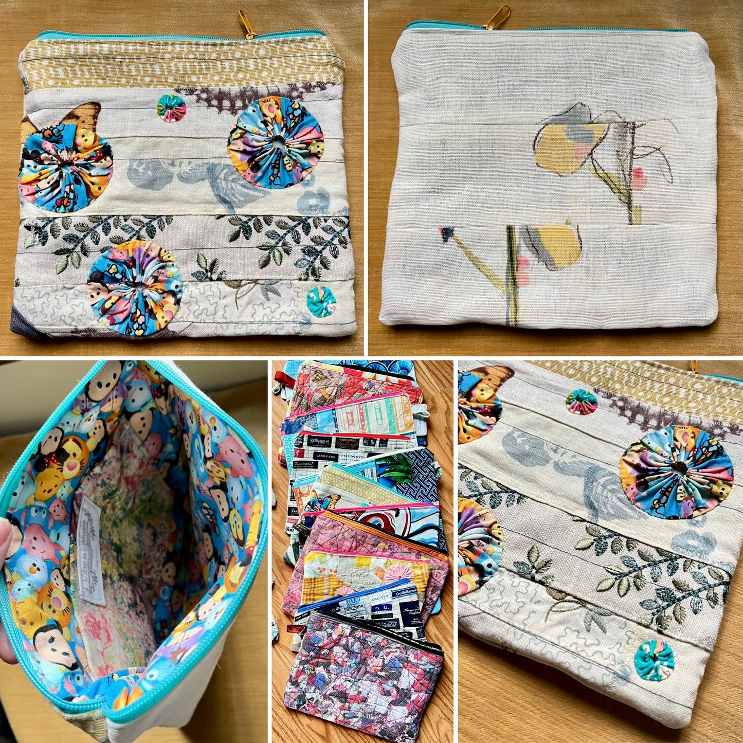 A collage showing a handmade fabric pouch from multiple angles: front and back views on a wood surface, the open interior with cartoon-print lining, a stack of colorful fabric patches, and a close-up of the patterned exterior. The product appears to be a small fabric organizer or pouch with embroidered floral motifs and a light blue zipper trim.