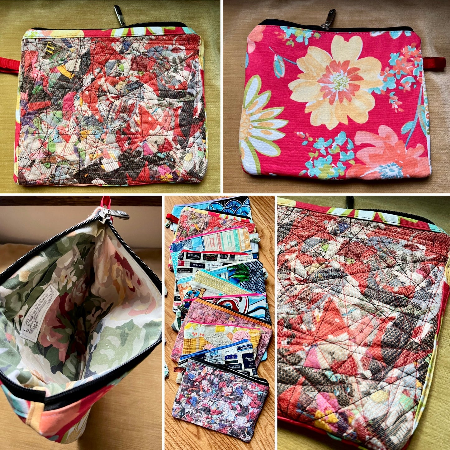 A collage showing multiple views of a quilted zip pouch with a multicolor floral and geometric patchwork print. The views include the exterior from different angles, the interior lining, a stack of similar pouches, and a close-up of the quilted pattern.