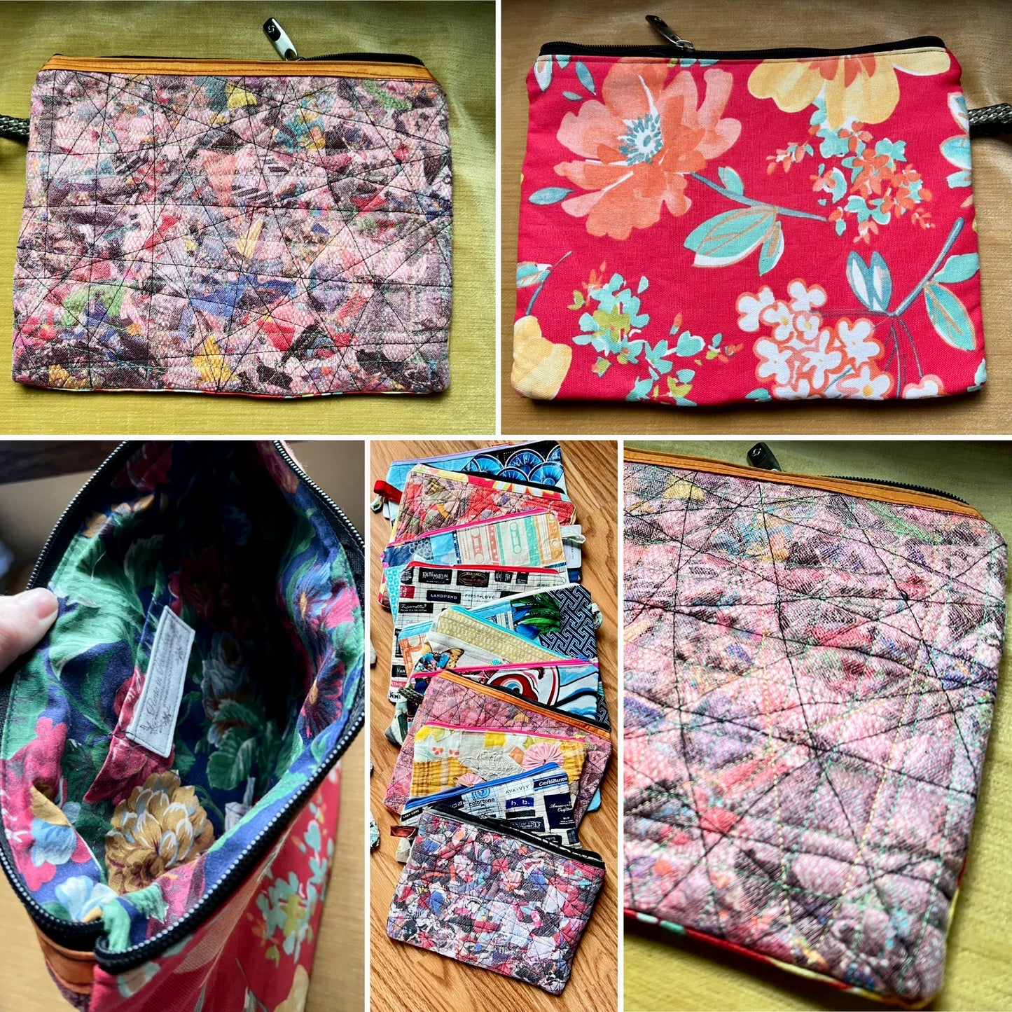 A collage showing a quilted zip pouch from multiple angles: top view of the exterior in two different floral/quilted patterns, the open interior with colorful lining, a stack of matching zip pouches, and a close-up of the quilted fabric texture.