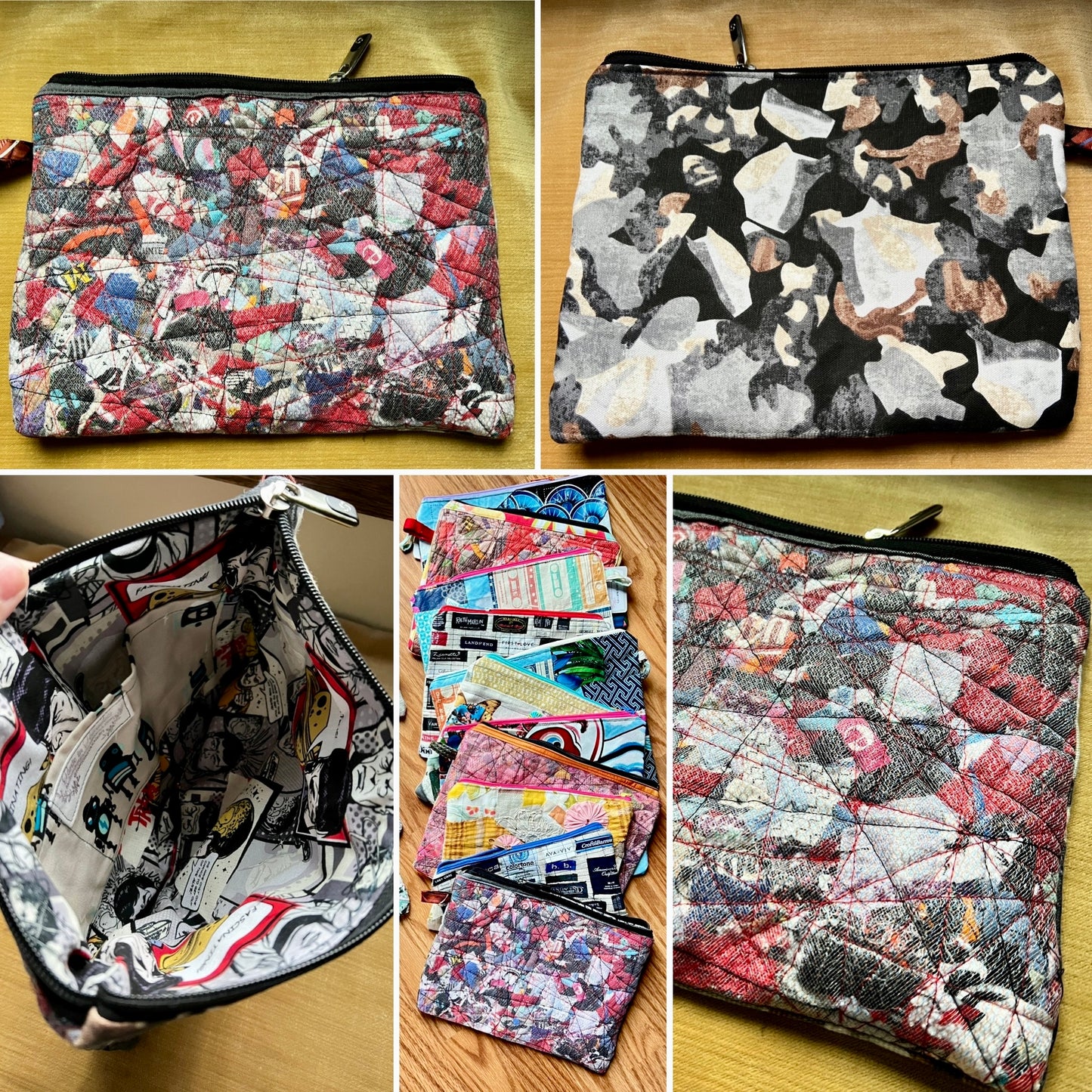 A collage showing a quilted zip pouch made from mixed-color patchwork fabric under tulle for a cool texture. The interior fabric features a collage of vintage comic book covers and graphic prints in red, blue, white, black, and gray.