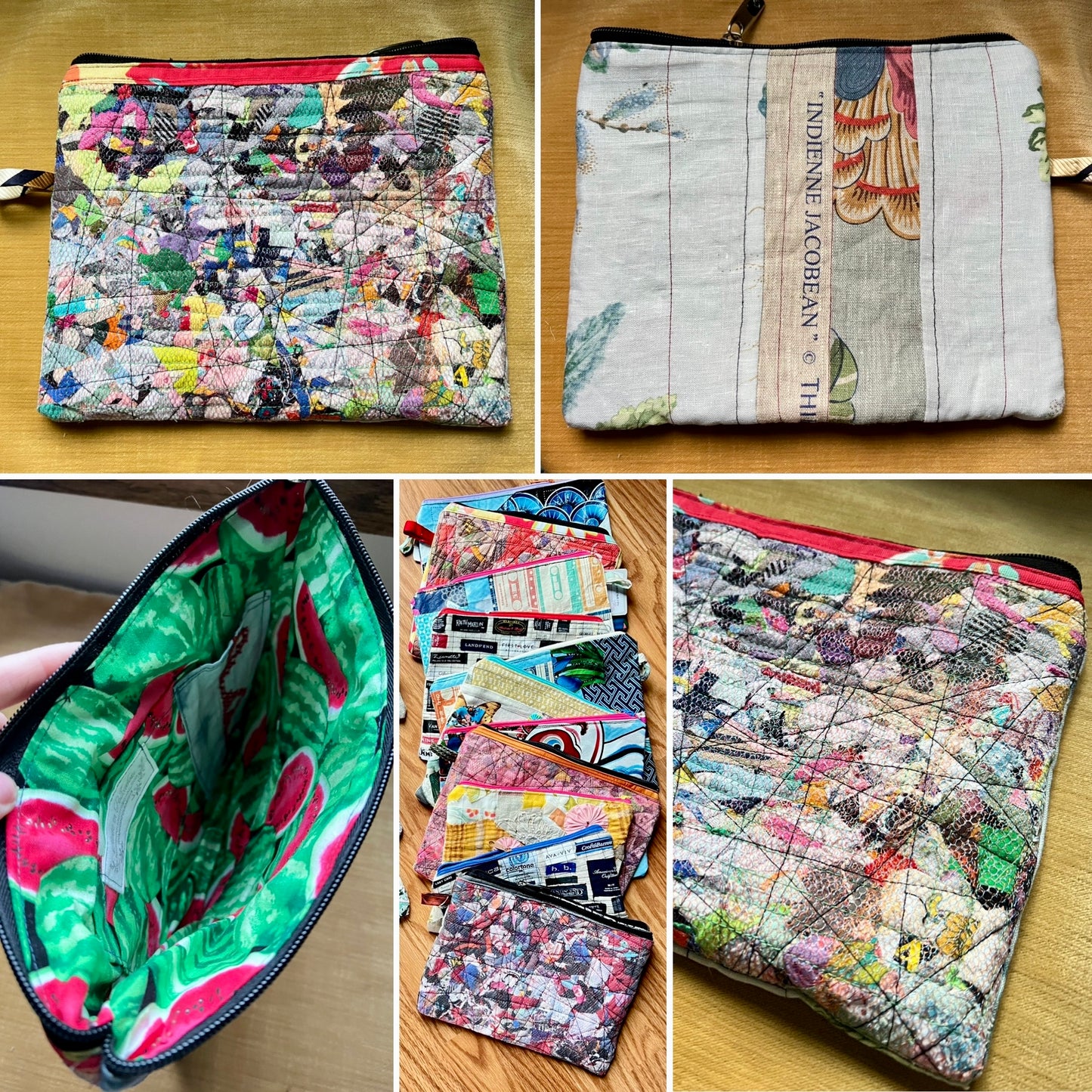A collage showing a quilted zip pouch from multiple angles: top-down views on a wood surface, an open view showing the green and pink patterned lining, a stack of similar patterned pouches, and a close-up of the quilted exterior.