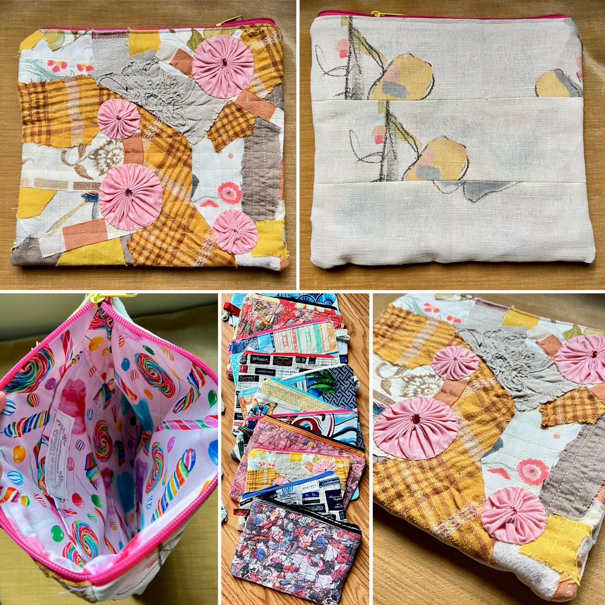 A collage showing a handmade patchwork fabric pouch from multiple angles: closed views from the front and back, an open view showing the colorful interior lining, and a stack of similar pouches in different patterns. The pouches feature a patchwork design with pink fabric flowers, yellow and brown plaid sections, gray textured panels, and a light cream base.