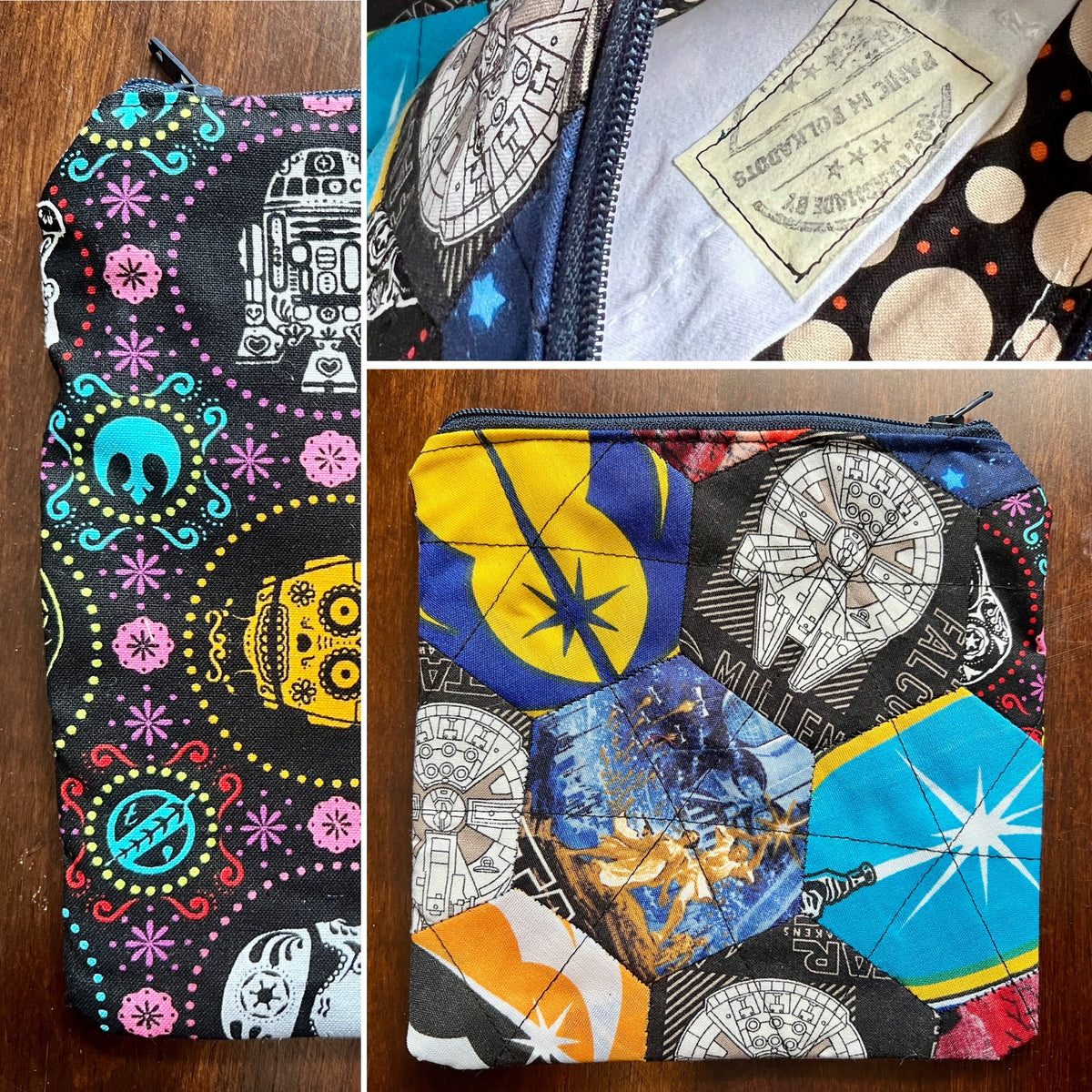 Collage of three views of a pouch with various patterns including cartoon characters and space-themed designs.