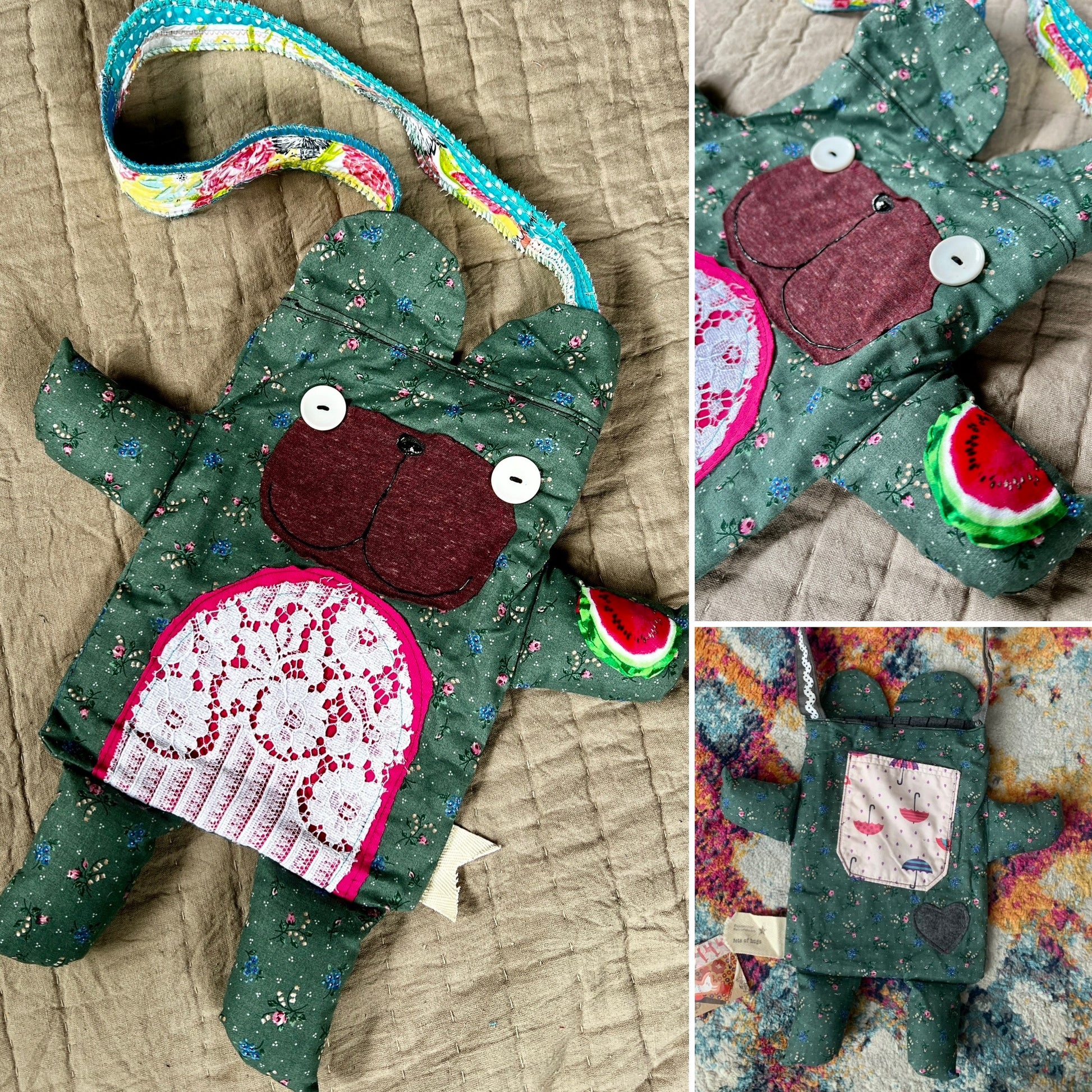 animal friend tote bag - bear green floral