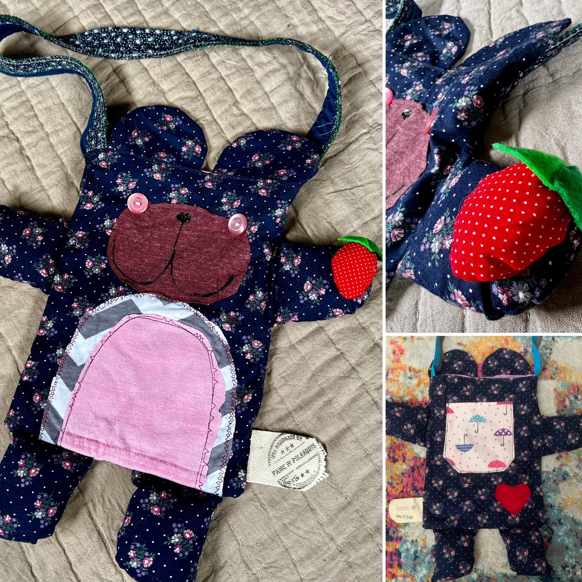 animal friend tote bag - bear navy floral
