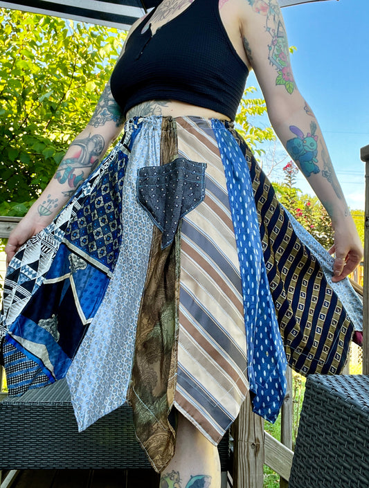 necktie skirt, on a tattooed model, outside on a lovely day