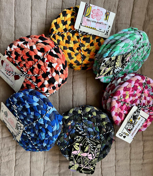 6 Coaster - Mini Rug - Handbraided & Handsewn - Set of Six - several sets of coasters arranged in a circle