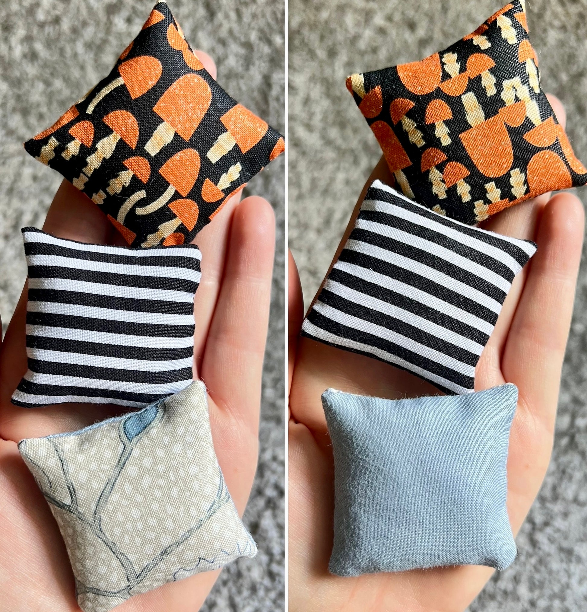 Small fabric pillows in various patterns held in hands against a neutral background