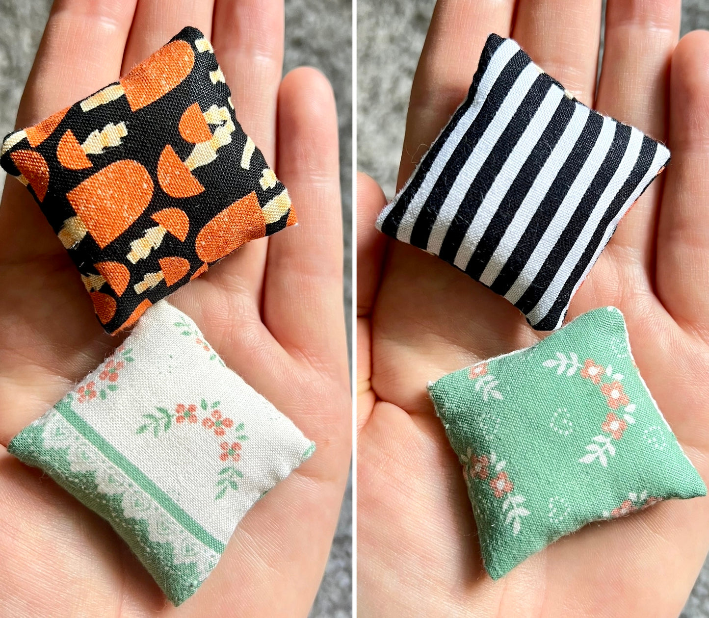 small fabric doll pillows with different patterns held in hands.