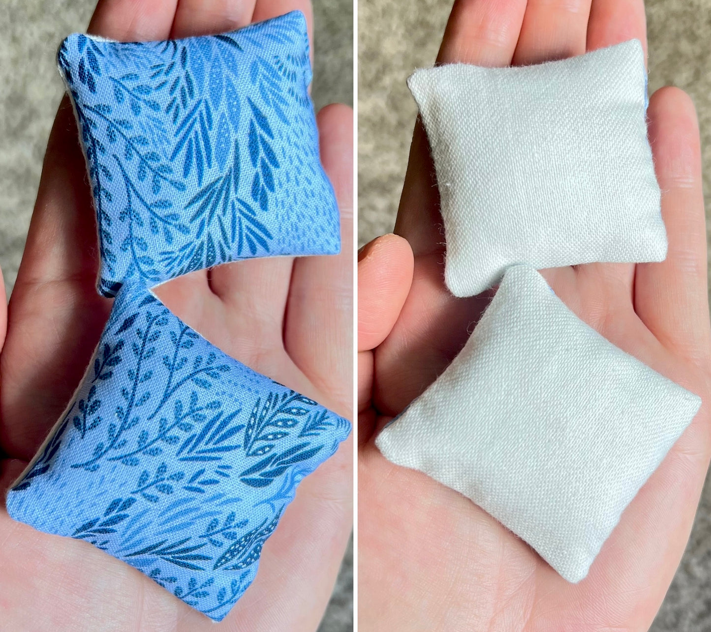 Two small fabric pillows, front is blue with leaf pattern and back is white, held in hands.