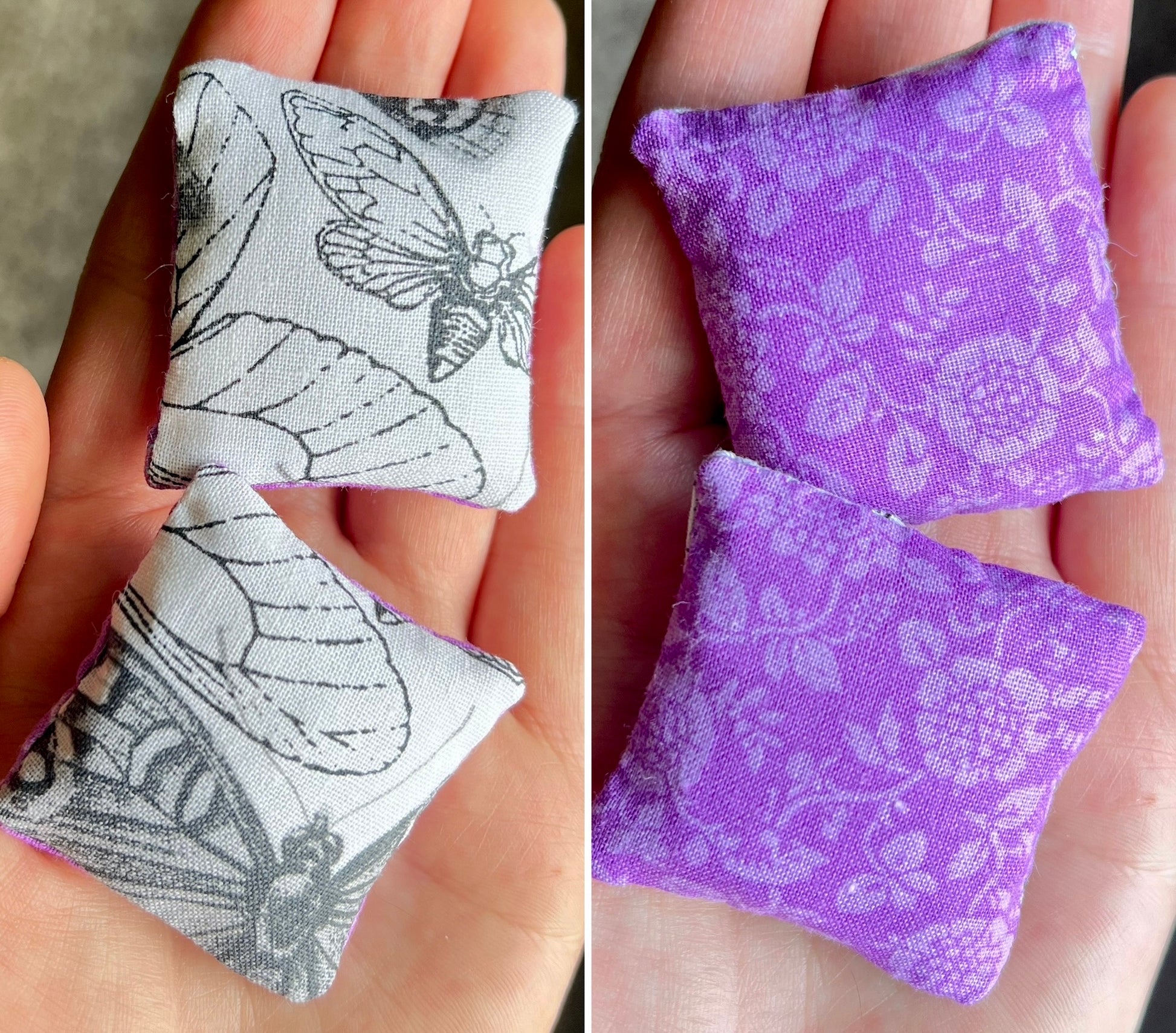 Two small fabric squares, front with butterfly pattern and back with purple floral pattern, held between fingers.
