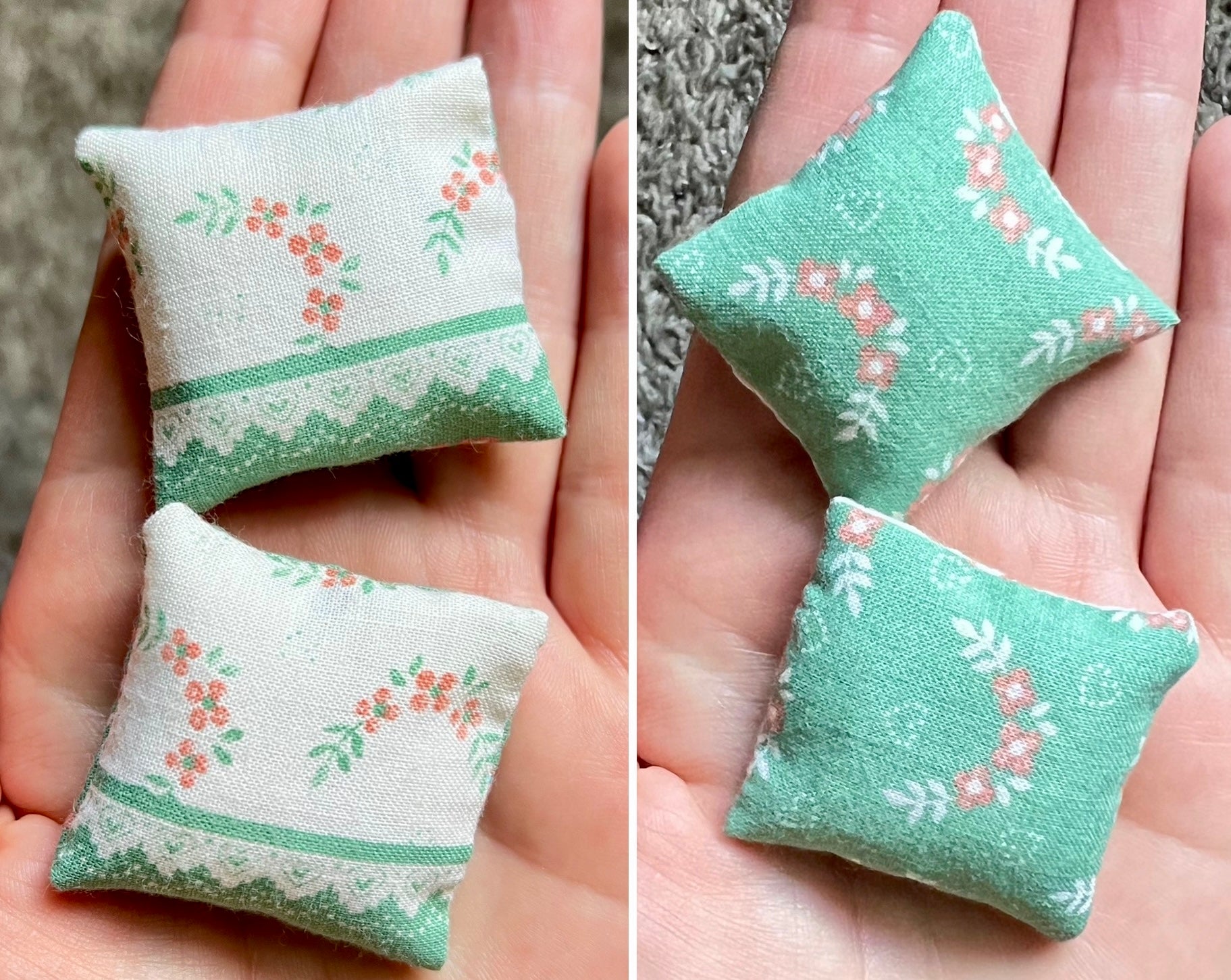 Two small fabric pillows with floral patterns held in hands against a neutral background.