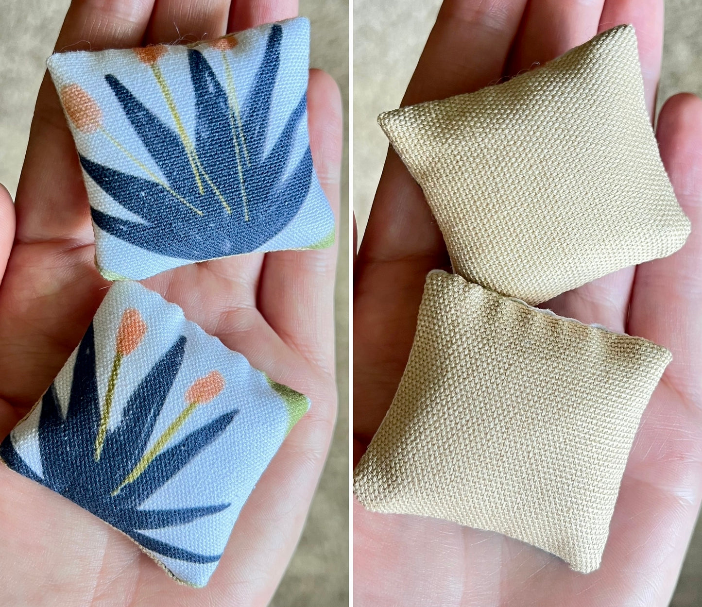 Two doll pillows held in hands, front with floral agave pattern and blue background, the back plain khaki.