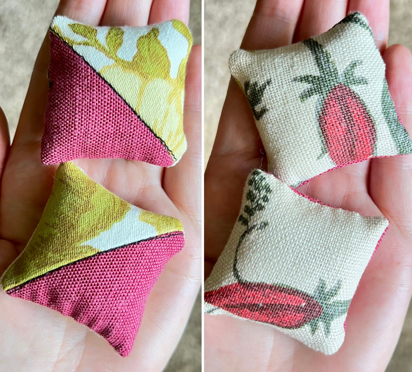 Two small fabric doll pillows held in hands, front with pink and green pattern, the back with red and green floral.