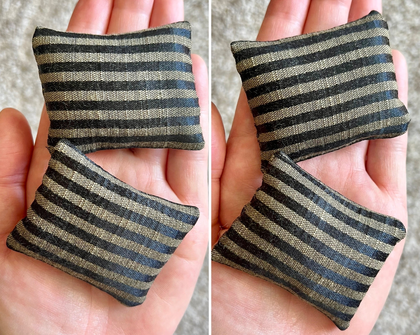 Two striped fabric pillows held in a hand, shown from different angles.