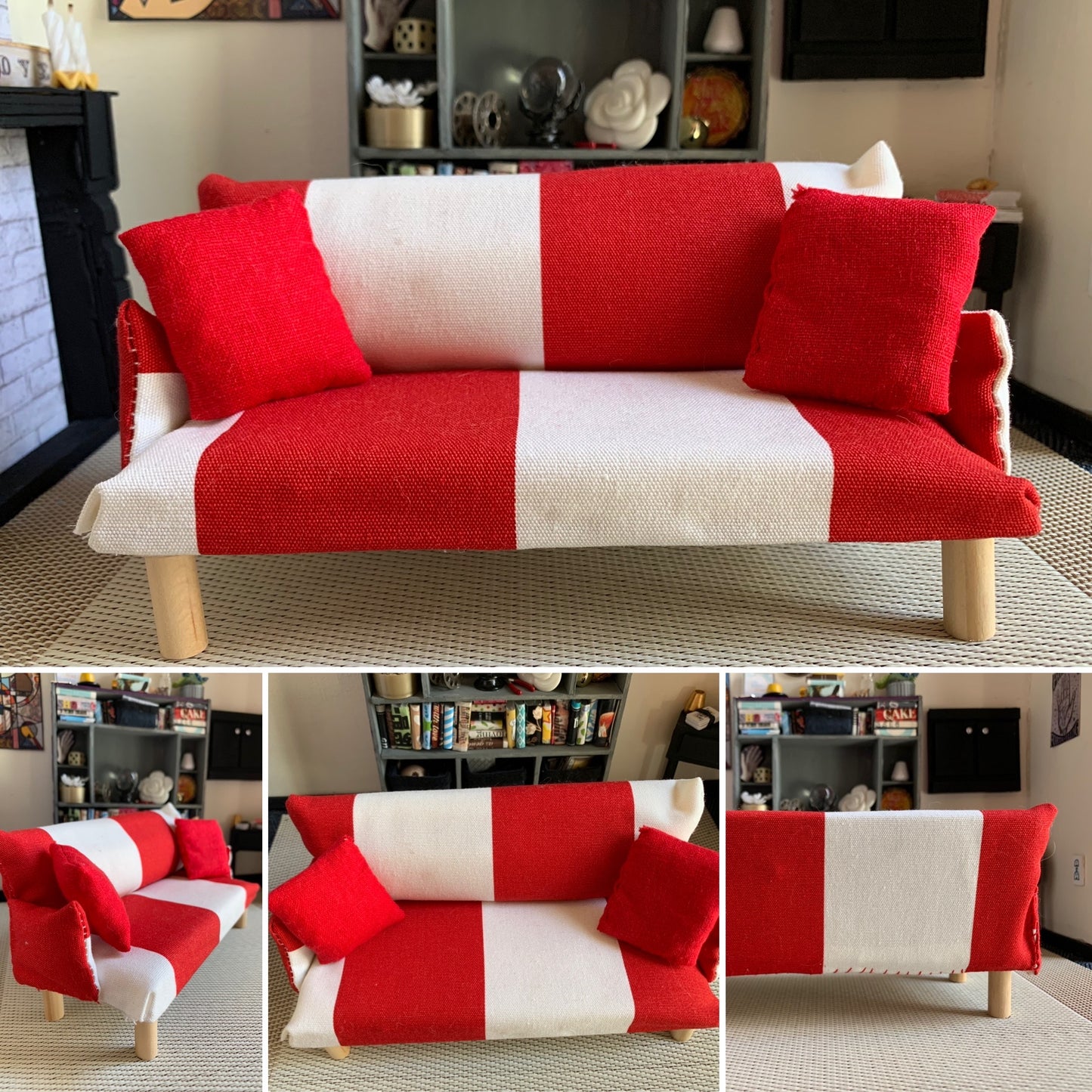 a miniature dollhouse couch, top picture is front view, bottom three photos show side, back, and aerial view details