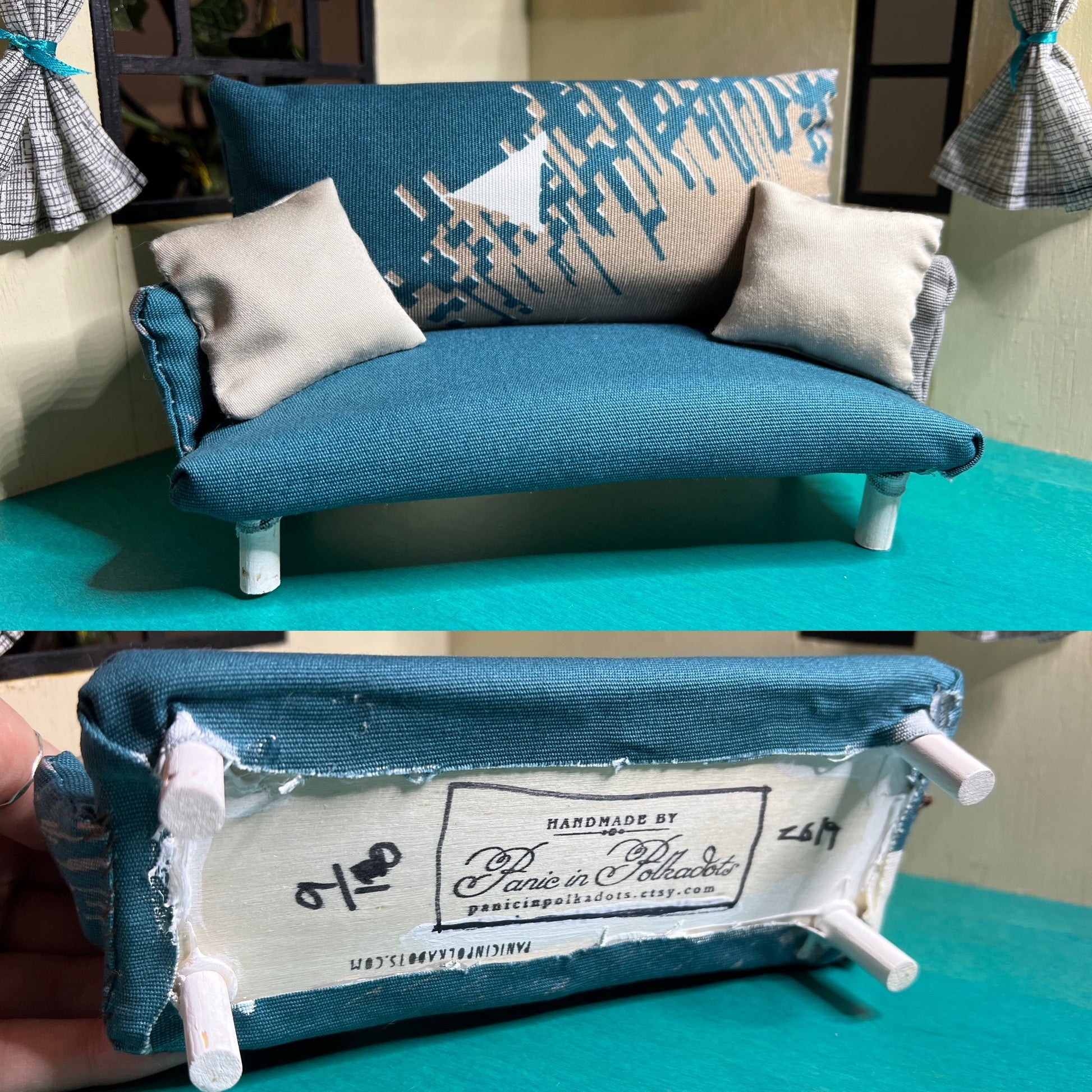 a miniature dollhouse couch, top picture is front view, bottom picture shows underside of couch with item number, year created, and "Panic in Polkadots" stamp on underside