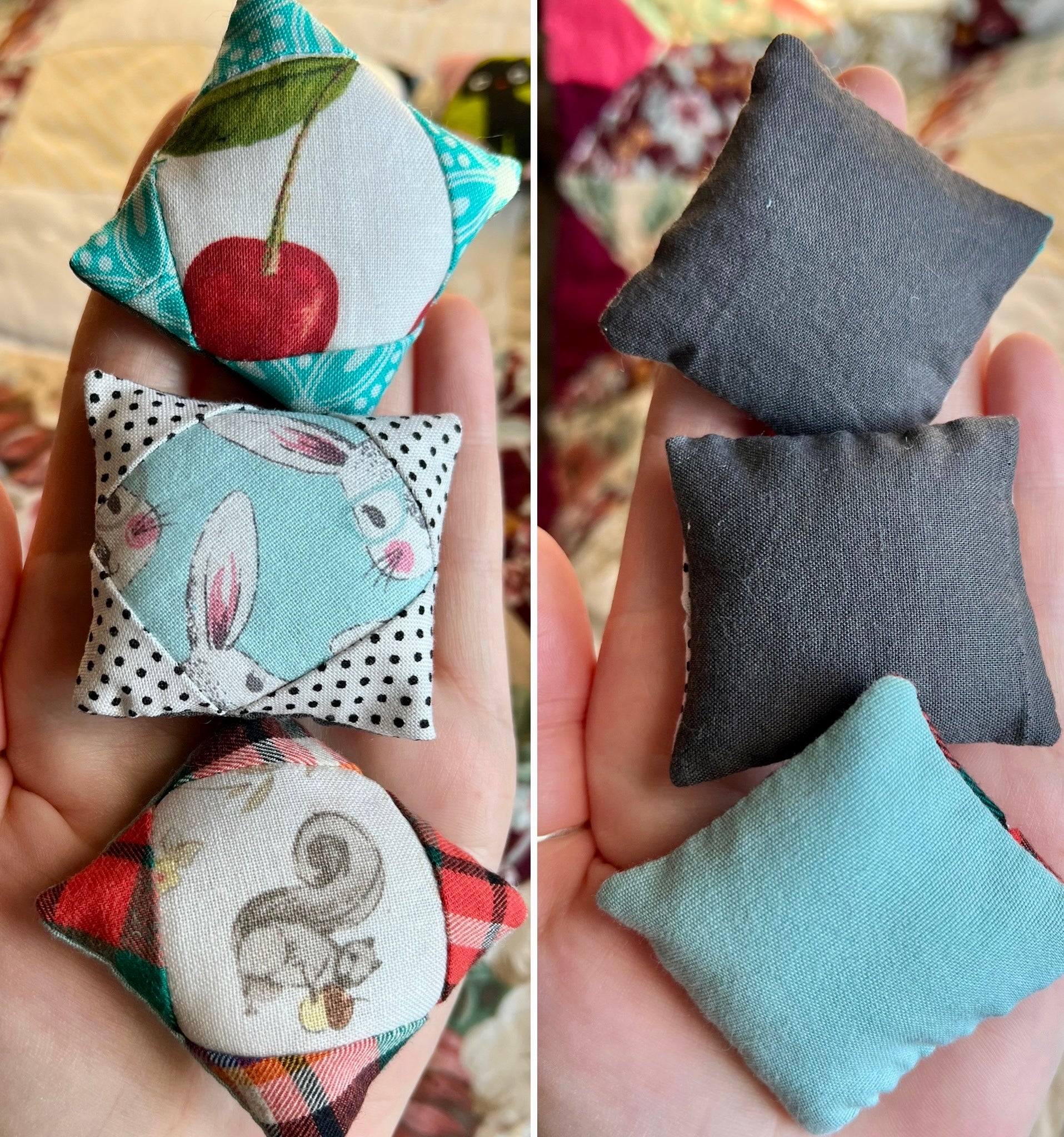 Small fabric pillows with various patchwork patterns held in hands.