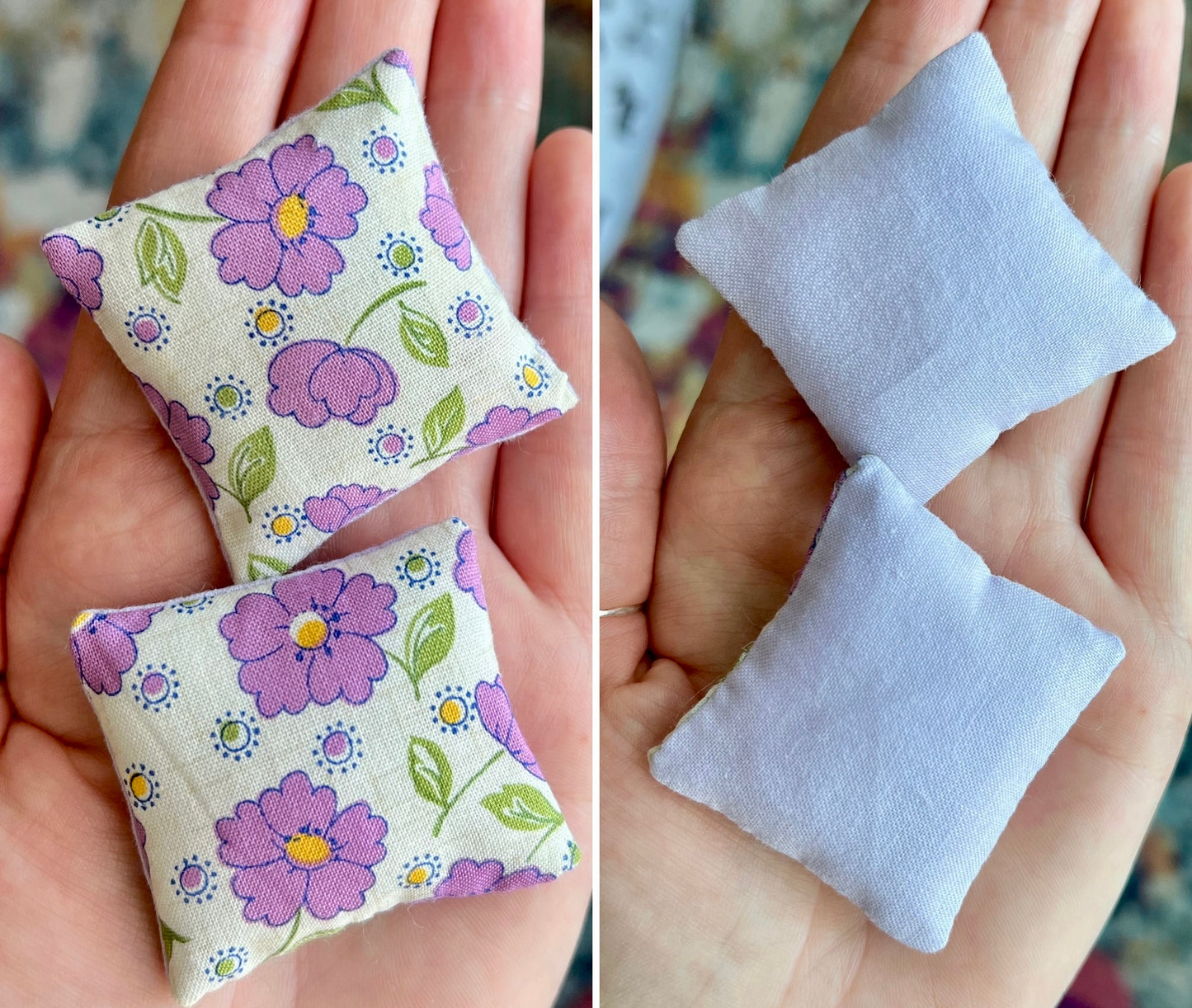 Two small fabric pillows, front floral pattern and back plain lavender, held in hands.